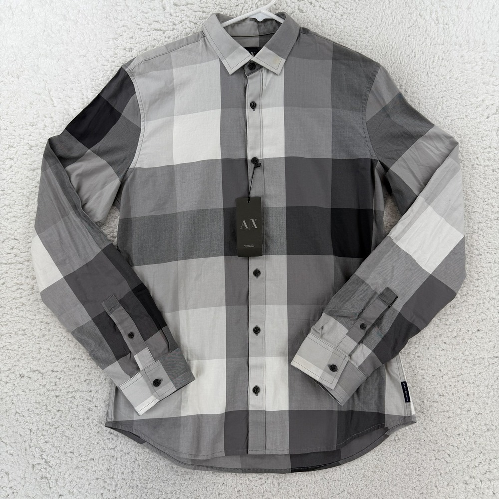 Armani Exchange Mens Medium Gray Check Long Sleeve Button Up Slim Fit G6C906FC